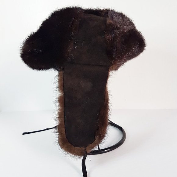 Vintage Dark Brown Mink Suede Fur Aviator Hat, Real Fur Trapper Hat - Picture 3 of 10